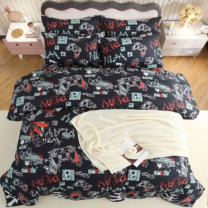 SDY 7PCS Game Console Comforter Set Queen Size Cute Printed Gamer Comforter Set for Toddler,Girls Boys and Kids, Gaming Comforter,with Comforter, Flat Sheet, Fitted Sheet and Pillowcases & Shams