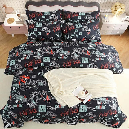 SDY 7PCS Twin Size Gaming Bedding Set - Soft Video Game Comforter Set for Boys, Girls & Kids, Gamer Themed Bed Set with Comforter, Sheets & Pillowcases