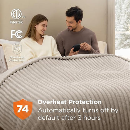 Bedsure Electric Blanket Queen Size - Thick Striped Flannel Electric Blanket with Dual Control, Heating with 10 Heat Settings & 10 Time Settings, 8 hrs Timer Auto Shut Off (84x90 inches, Linen)