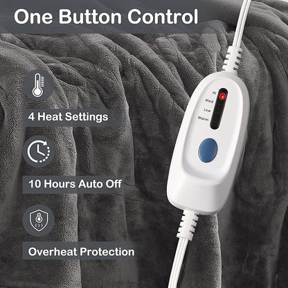 Electric Heated Blanket Full Size 72"x84", 4 Heating Levels & 10 Hours Auto Off, Cozy for Bed, Sofa, Large Oversized, Single Control Heating Heater Blankets Light Gray