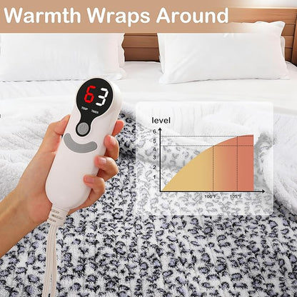 Electric Heated Blanket Throw 50"×60" with 6 Heating Levels &3 Hours Auto Off, Heating Double Sided Plush Sherpa, Fast Heating, Machine Washable Leopard Print Blue & White