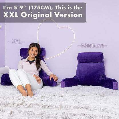 Husband Pillow Medium Purple, Backrest for Kids, Teens, Petite Adults - Reading Pillows with Arms, Adjustable Loft, Plush Memory Foam, Bed Rest Chair for Sitting Up, Detach Neck Roll, Removable Cover