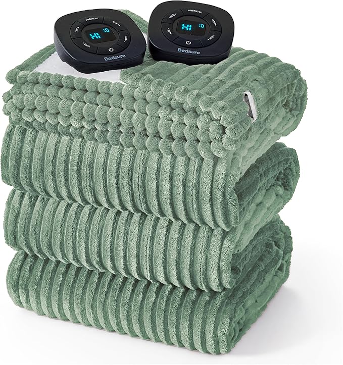 Bedsure GentleSoft Electric Blanket Queen Size - Soft Ribbed Flannel Heated Blanket with Dual Control, Heating with 10 Heat Settings & 10 Time Settings, 8 hrs Timer Auto Shut Off (84x90 inches, Green)