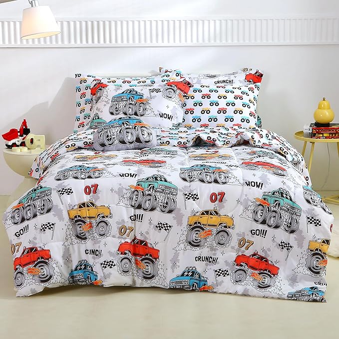 Mooreeke Full Size Comforter Sets for Boys Kids, 8 Pieces Bed in a Bag Monster Truck Bedding Comforter Sheet Set with Shams and Decorative Toy Pillow, Ultral Soft Microfiber Kids Bed Set