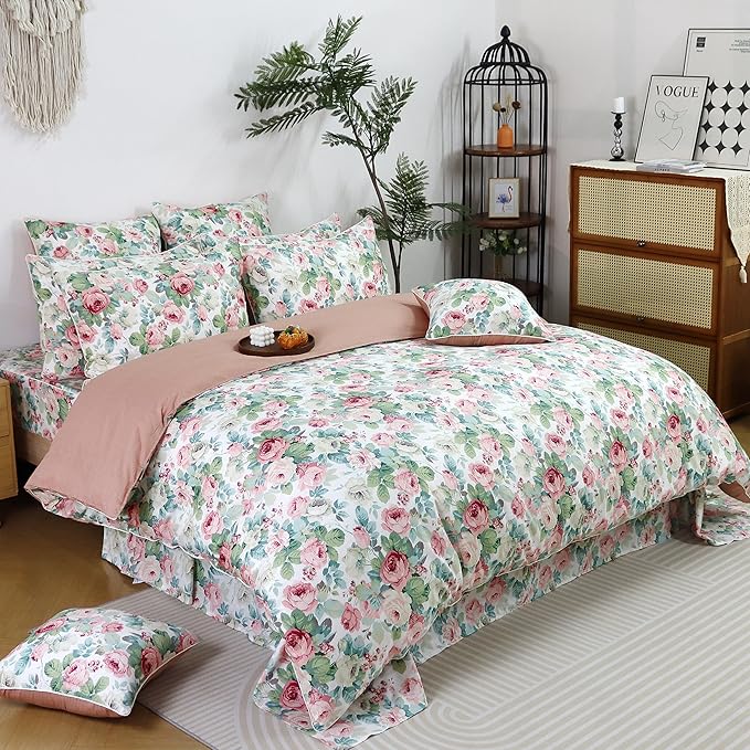 FADFAY Duvet Cover Set Queen Pink Rose Floral Bedding French Country Peony Flower Quilt Cover Set Vintage Farmhouse Bedding 100% Cotton Comforter Cover with Hidden Zipper Closure 3Pcs, Queen Size