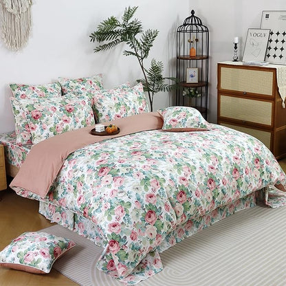 FADFAY Duvet Cover Set Queen Pink Rose Floral Bedding French Country Peony Flower Quilt Cover Set Vintage Farmhouse Bedding 100% Cotton Comforter Cover with Hidden Zipper Closure 3Pcs, Queen Size