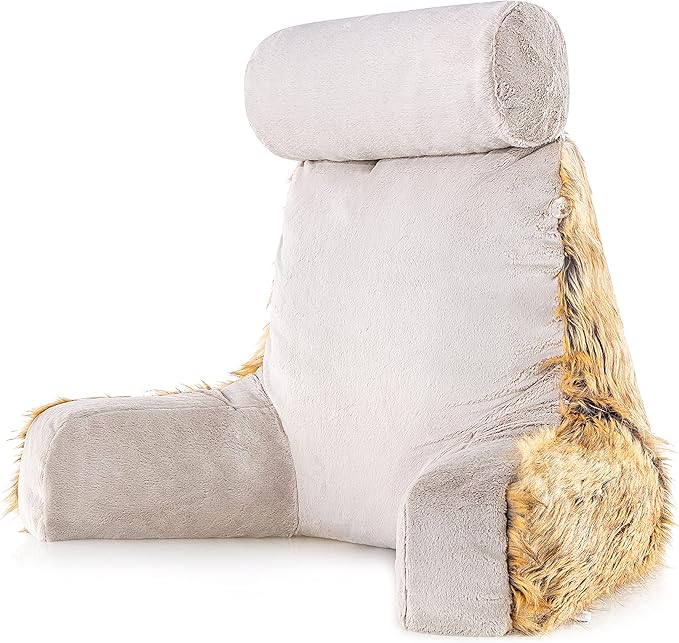 Husband Pillow Medium Ultra Rare Baby Amber Fox Fabulous Faux Fur Backrest, 2-Tone Reversible Double Sided Reading & Bed Rest Pillow with Arms & Neck Roll, Adjustable Memory Foam - Extremely Comfy