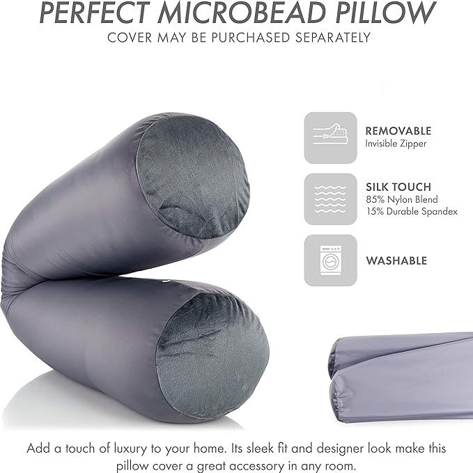 Straight Body Pillow, Full Size Premium Microbead,Side Sleeping/Maternity Pregnant Women, Supportive,Fluffy, Breathable, Cooling, 85/15 Spandex/Nylon Silky Anti-Aging Cover - 48 X 8 - Dark Grey