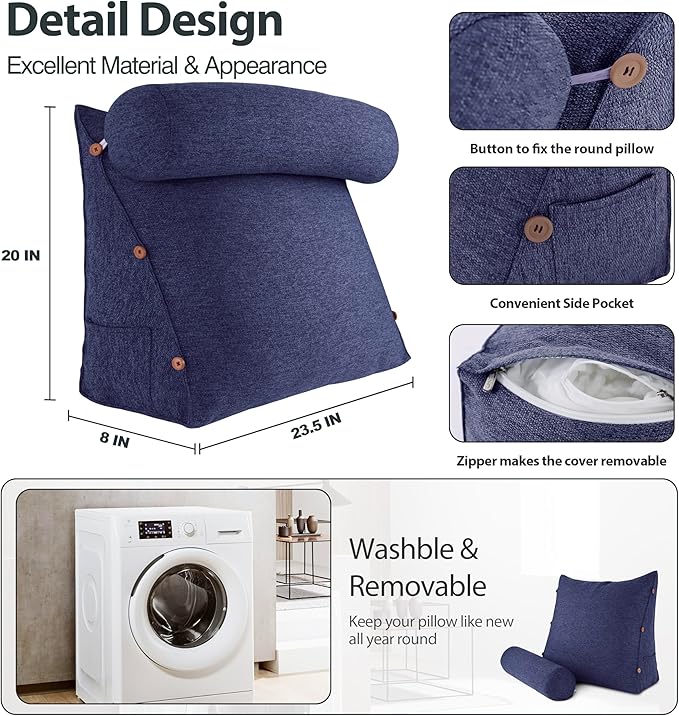 Daneey Reading Pillow for Bed Adult, Back Pillow for Bed Sitting Up, Back Support Pillow for Bed, Sit Up Pillow for Bed, Blue, 23.5 * 8 * 20IN