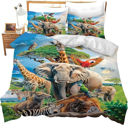 Funny Animals Bedding Set 3 Pieces Soft Lightweight Microfiber Zoo Print Bedspread Coverlet Set Jungle Elephant Giraffe Duvet Cover Twin Full Queen King Comforter Bed Set for Girls Boy Women Men