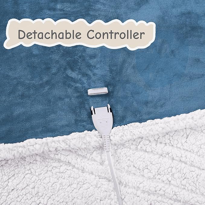 Electric Heated Blanket Queen Size 84"x90", Soft Flannel with Dual Controllers & Overheat Protection, 6 Adjustable Heat Settings & 10-Hour Auto-Off Timer, Fast Heating for Winter Comfort, Blue
