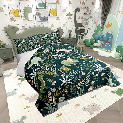 Cute Dinosaur Comforter Set King Size,Kids Cartoon Dino Kawaii Animal Bedding Set All Season Quilt Set,Green Pink Leaves Plant Botanical Microfiber Polyester Down Comforter
