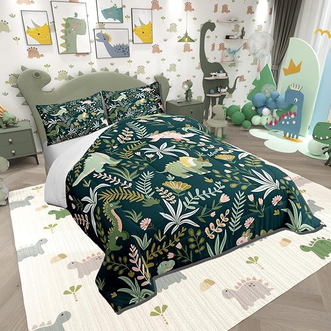 Castle Fairy Cute Dinosaur Full Size Comforter Set,Kids Cartoon Dino Kawaii Animal Bedding Comforters Bedroom Collection,Green Pink Leaves Plant Botanical Bedding Set for Girls Teens