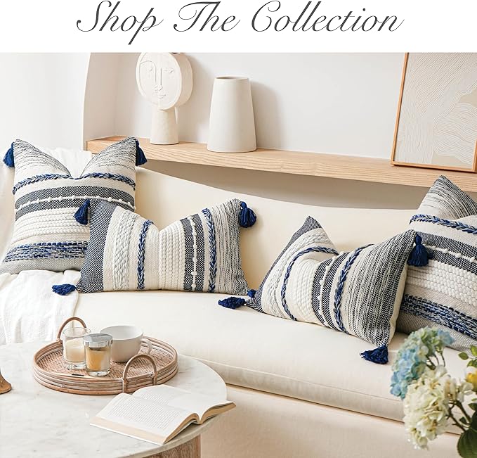 BlissBlush Navy Dark Blue Decorative Throw Pillow Cover 18x18 Square Boho Accent Pillowcase Tassels Farmhouse Cushion for Couch Sofa Bedroom Living Room Home Décor Cover ONLY