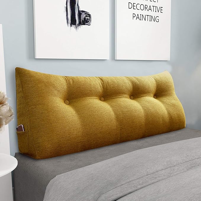 Wedge Headboard Pillow Dorm Room Reading Pillow Back Support for Sitting Up in Bed Bolster Lumbar Cushion Body Positioning Bedrest Cotton Linen 54in Yellow Full