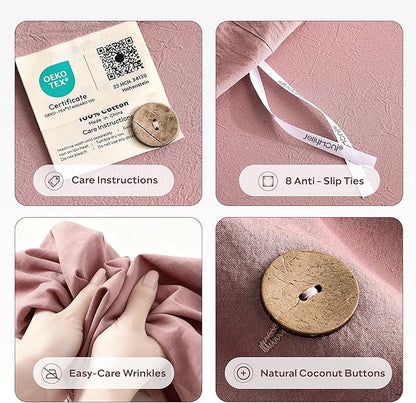 JELLYMONI 100% Washed Cotton Duvet Cover Full – Soft, Breathable Linen-Look Bedding with Natural Wrinkle Texture, Button Closure, 3-Piece Set (Darker Rose, 80"x90")