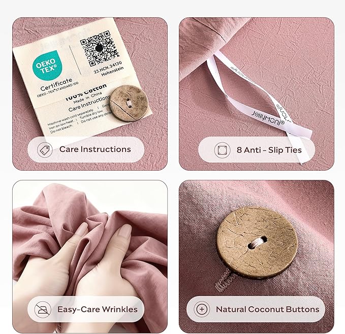 JELLYMONI 100% Washed Cotton Duvet Cover King – Soft, Breathable Linen-Look Bedding with Natural Wrinkle Texture, Button Closure, 3-Piece Set (Darker Rose, 104"x90")
