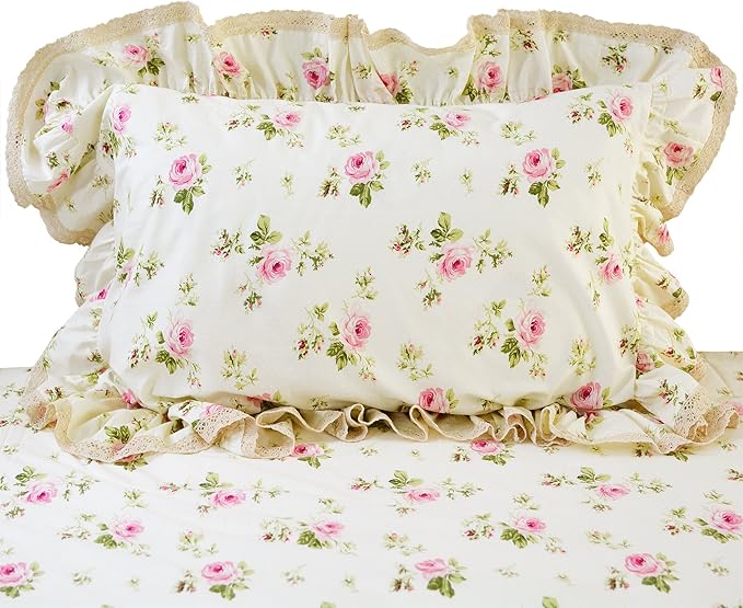 FADFAY Rosette Floral Print Duvet Cover Set Princess Lace Ruffle Bedding Set for Girls 3 Pieces Twin Extra Long Size