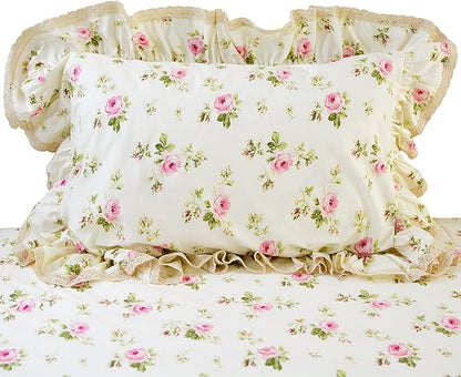 FADFAY Rosette Floral Print Duvet Cover Set Princess Lace Ruffle Bedding Set for Girls 3 Pieces King Size