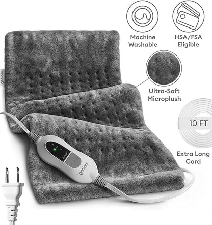 GENIANI XL Electric Heating Pad for Back Pain & Cramps Relief, Electric Throw, Birthday Christmas Gifts for Women, Men Auto Shut Off, Machine Washable, Heat Pad for Neck & Shoulder, 12×24", Tabby Gray