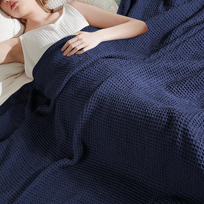 Tex Trend Waffle Blanket – 100% Cotton Blankets Queen Size – Breathable and Soft for Christmas – Suitable for Bed Layering, Sofa & Couch - Navy Blue (90”x90”)
