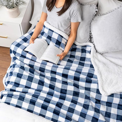 PAVILIA Navy Blue and White Buffalo Plaid Sherpa Throw Blanket for Couch, Plush Checkered Fleece Blanket and Throws, Soft Fuzzy Flannel Blanket for Sofa Bed, Warm Cozy Winter Blanket Gift, 50x60