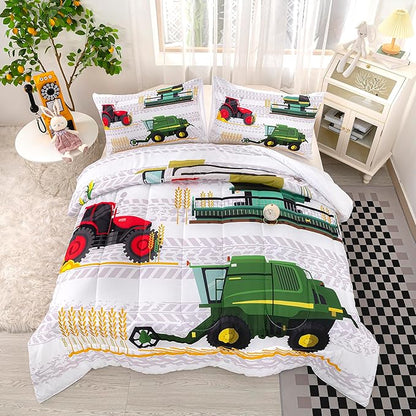 CVHOUSE Tractor Bedding Set for Boys - Excavator Comforter & Trucks Tractors Cars Quilt Set with 1 Comforter and 2 Pillow Cases - 3 Piece