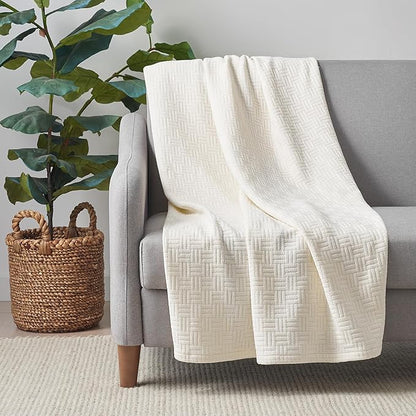 Arkwright Basket Weave Throw Blanket - Case of 4-100% Ringspun Cotton All Season Throws, Luxury Hotel Quality, Soft on Skin, Breathable, 300 GSM for Bed, Sofa, and Chair, 50 X 70 in, Ivory