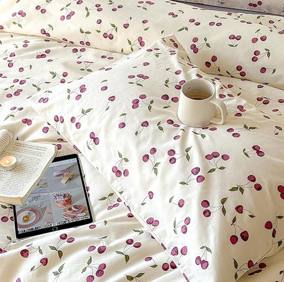 AOJIM Cherry Printed Duvet Cover Set for Kids Adults, Soft 100% Cotton Cute Bedding, Aesthetic Room Decor Comforter Cover with Fruit Motifs, Quilt Cover 3 Pieces (Twin Size), No Comforter