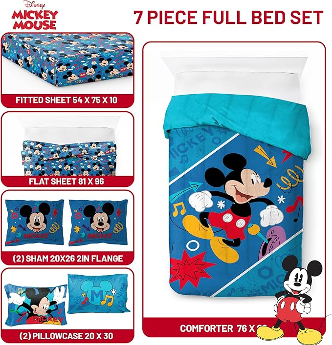 Jay Franco Kids Comforter Set Includes Sheets and Pillow Covers - Soft and Cozy Bed Set for Stylish Room Decor, Blue - Mickey Mouse, 7 Piece Full Bedding