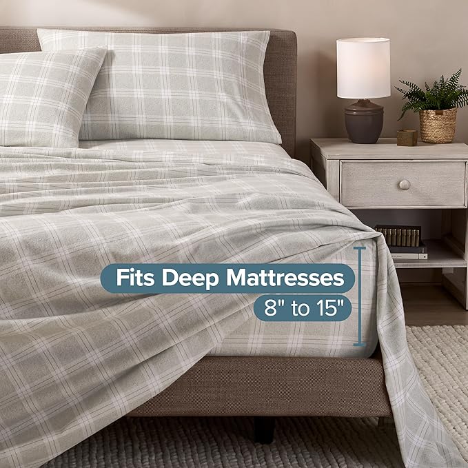 Bare Home Cotton Flannel Sheet Set Prints, 100% Cotton, Velvety Soft Heavyweight - Double Brushed for Softness & Comfort - Deep Pocket - Bed Sheet (King, Checkered Plaid - Light Grey)