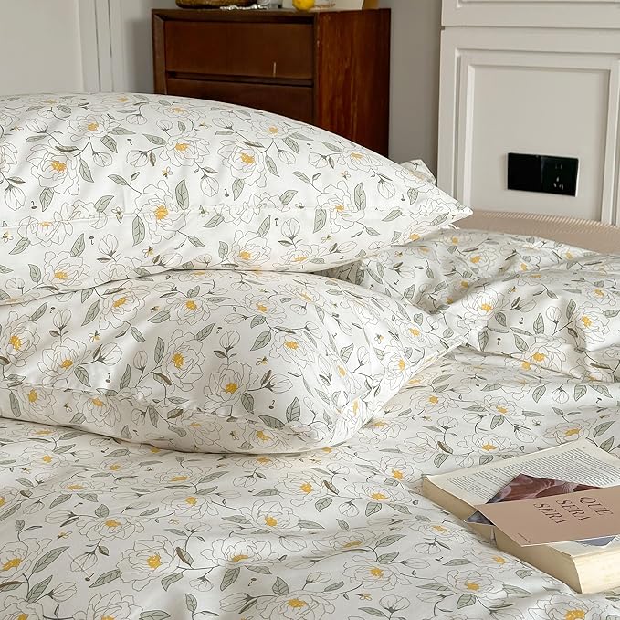 AOJIM Kids Adults Duvet Cover Set with Floral Pattern, Soft Comfy 100% Cotton Comforter Cover Set 3pcs, 1 Reversible Aesthetic Quilt Cover Full Size and 2 Matching Pillowcases for Room Decor, No Quilt