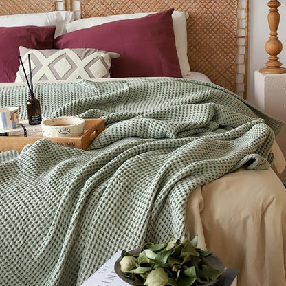 100% Turkish Cotton Waffle Blanket King Size Sage Green - Premium Quality, Light and Airy Waffle Weave All-Season Quilt - Lux Decorative Bedspread (Sage Green, King Size 95" x 110" Inch)