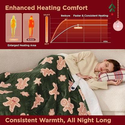 Bedsure Heated Blanket Throw - Flannel Sherpa Electric Blanket with Gingerbread Pattern, for Grandma, Heated Throw with 6 Heating Levels, 4 Time Settings, 3-Hour Auto-Off (50"x60")