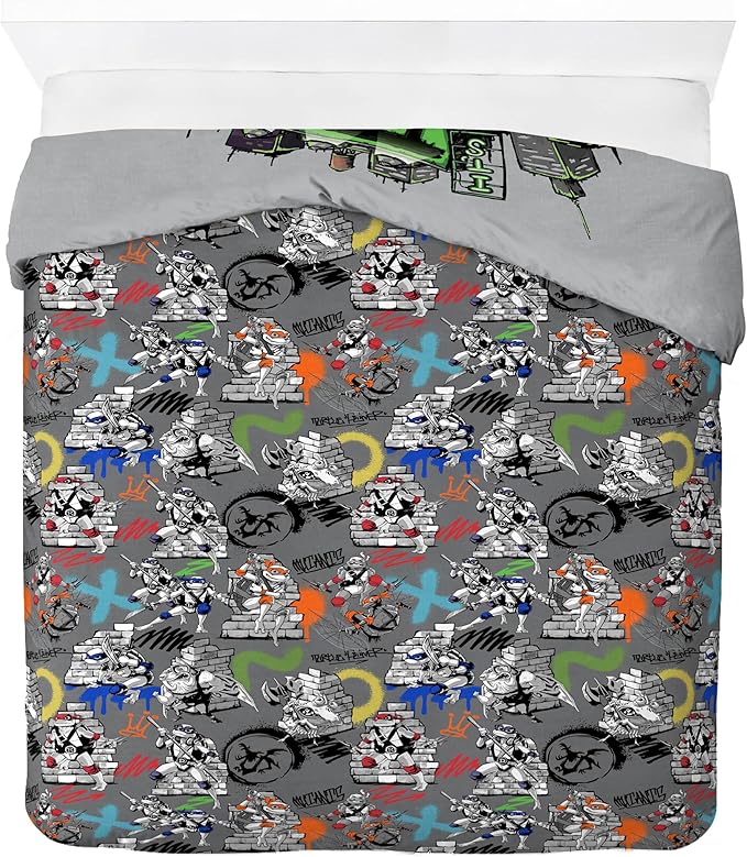Jay Franco Duvet Cover Set – 3 Piece Comforter Cover and Sham Set, Super Soft Cozy Kids Bedding (Insert Not Included) Grey - Teenage Mutant Ninja Turtles, Full