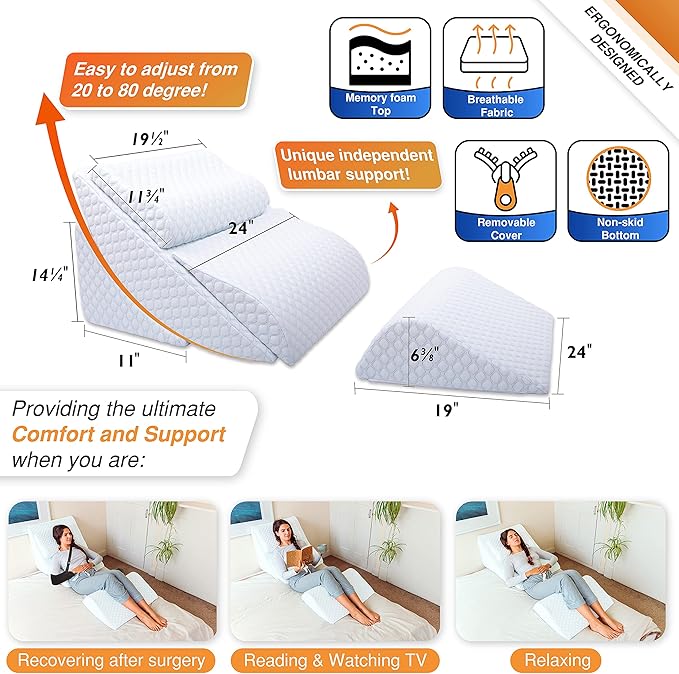 Adjustable Orthopedic Bed Wedge Pillow Set, Reading Pillow & Back Support for Sleeping, Memory Foam Wedge for Lower Back, Knee and Leg Pain, Acid Reflux, Snoring, Post Surgery Recovery