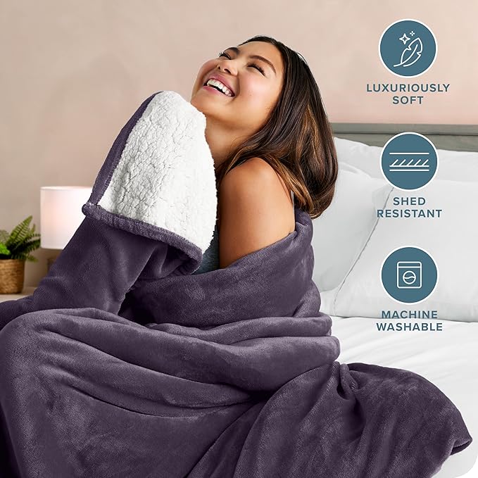 Bare Home Sherpa Fleece Blanket - Full/Queen Size - Blanket for Bed, Sofa, and Couch - Warm & Lightweight - Fluffy & Soft - Reversible (Full/Queen, Eggplant)