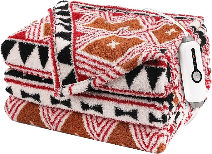 Heated Throw Blanket 50" x 60" Size, Double-Sided Fleece with Temperature Settings & Controller, 3 Hours Auto-Off, Soft Fleece Cozy and Comfortable, Machine Washable,Brown & Red Plaid with Black
