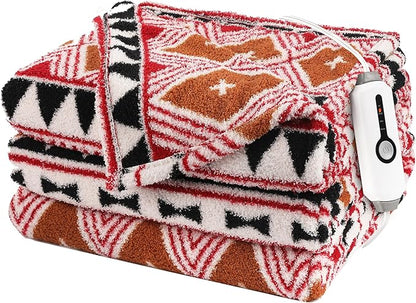 Heated Throw Blanket 50" x 60" Size, Double-Sided Fleece with Temperature Settings & Controller, 3 Hours Auto-Off, Soft Fleece Cozy and Comfortable, Machine Washable,Brown & Red Plaid with Black
