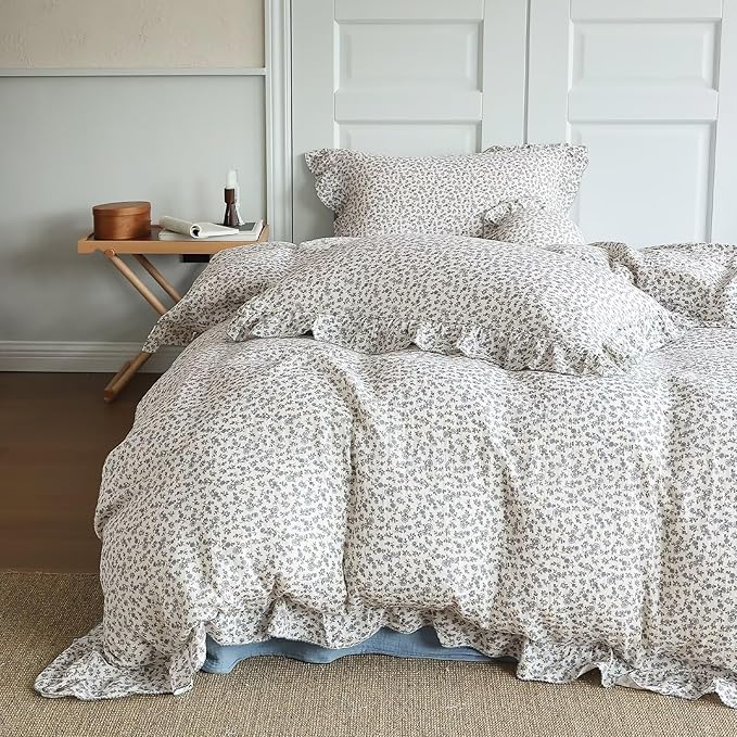 BuLuTu Muslin Cotton Duvet Cover Set Queen, Shabby Chic Blue Floral Bedding Comforter Cover with Ruffles, Soft Breathable Quilt Cover Teens Young Adults Bed Set, Machine Wash
