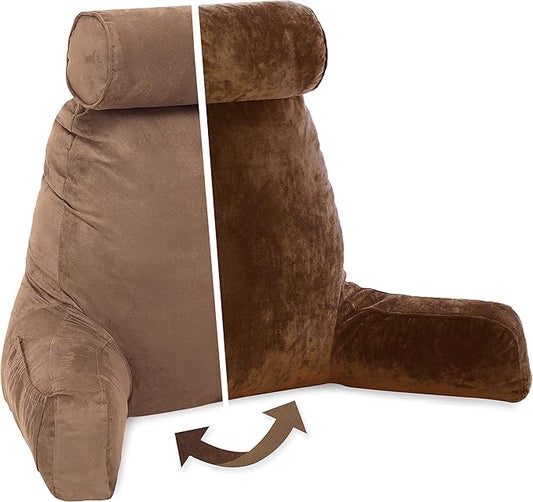 Husband Pillow XXL Aspen Edition, Adult Reading Sit Up Bed Rest Pillow for Bed with Arms & Neck Roll on Bungee Cord - Premium Memory Foam - Reversible 2 Sided Cover Micro Suede or Plush, Saddle Brown