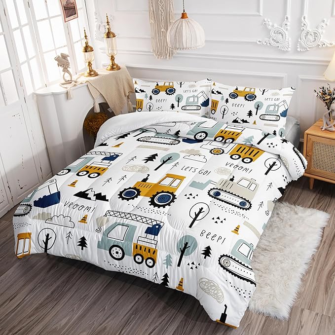 Cartoon Car Comforter Set Kids Construction Printed Bedding Set with 1 Comforter and 2 Pillowcases for Boys and Girls Bedroom All Season(Car Queen)