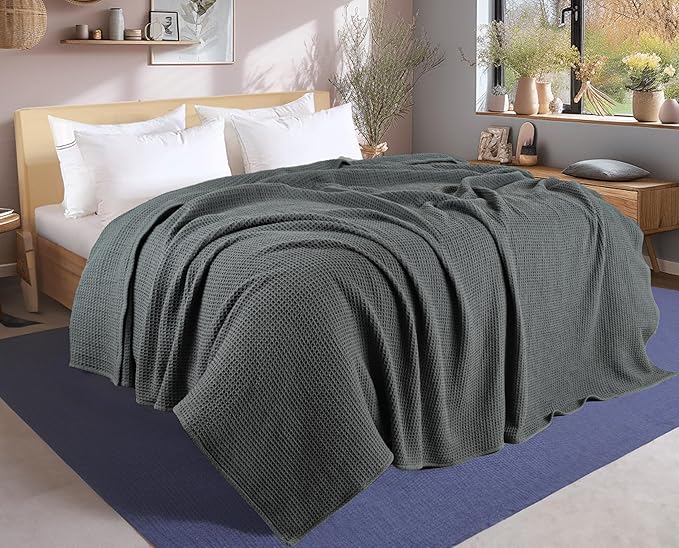Tex Trend 100% Cotton Blankets King Size – Durable and Versatile Waffle Weave Blankets for Christmas & Year Round Coziness – Breathable & Lightweight - Grey (90”x108”)