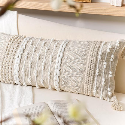 BlissBlush Cream Decorative Lumbar Throw Pillow Cover 14x36 Boho Long Cushion for Bed Neutral Beige White Accent Modern Farmhouse Pillowcase for Bedroom Living Room Couch Sofa Home Décor Cover ONLY