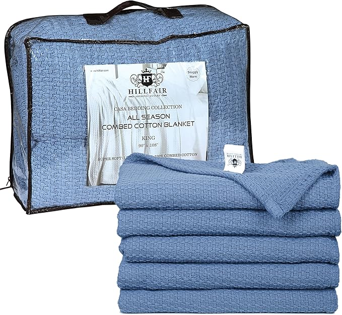 HILLFAIR 100% Cotton Blanket- 120" x 120" XXL Oversized King Bed Blankets - Family Size 10 ft x 10 ft Big - All Season Soft Cozy Breathable Blankets for Bed - Extra Large King Cotton Blanket- Blue