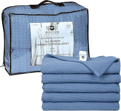 HILLFAIR 100% Cotton Blanket- 120" x 120" XXL Oversized King Bed Blankets - Family Size 10 ft x 10 ft Big - All Season Soft Cozy Breathable Blankets for Bed - Extra Large King Cotton Blanket- Blue