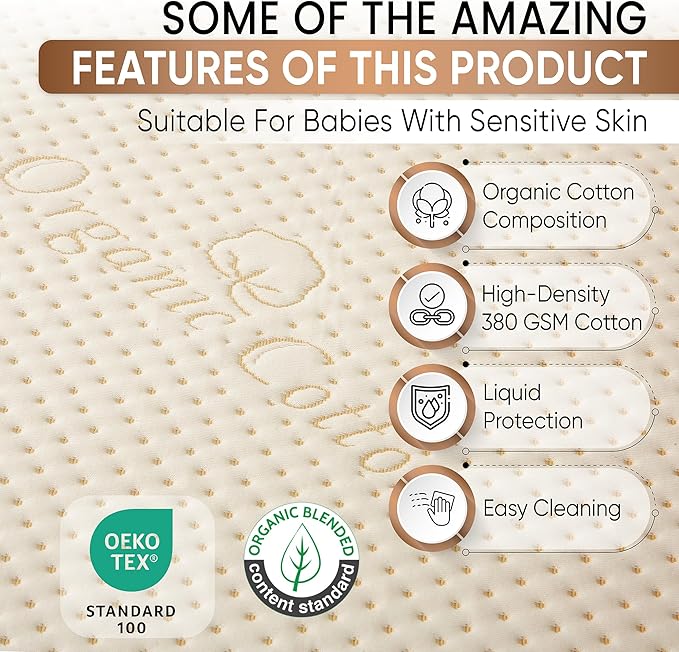 Luxury Organic Waterproof Crib Mattress Pad - Skin Friendly, Waterproof, Breathable & Absorbent Crib Mattress Protector - Premium 380GSM for Baby and Toddler Beds - Fitted for Standard Baby Crib Size