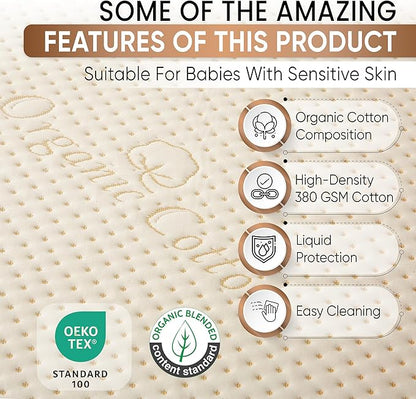 Luxury Organic Waterproof Crib Mattress Pad - Skin Friendly, Waterproof, Breathable & Absorbent Crib Mattress Protector - Premium 380GSM for Baby and Toddler Beds - Fitted for Standard Baby Crib Size