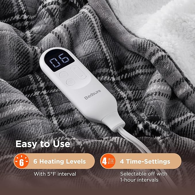 Bedsure Plaid Heated Throw Blanket - Flannel Sherpa Electric Blanket with Plaid Pattern, Heating with 6 Heating Levels, 4 Time Settings, 3-Hour Auto-Off, Warm Gifts for Grandma (Grey, 50"x60")