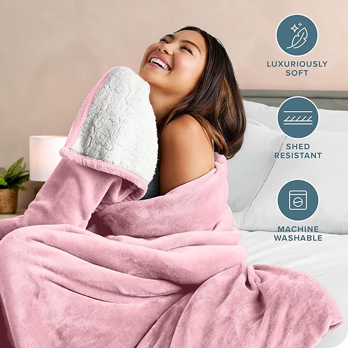 Bare Home Sherpa Fleece Blanket - Twin/Twin Extra Long - Blanket for Bed, Sofa, and Couch - Warm & Lightweight - Fluffy & Soft - Reversible (Twin/Twin XL, Light Pink)